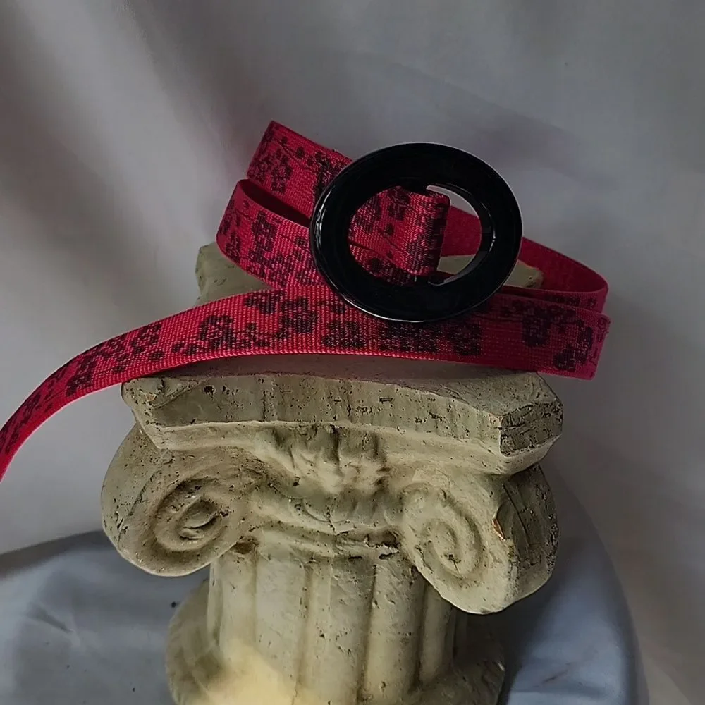 Pink & Black Floral Belt With Glossy Black Oval Buckle